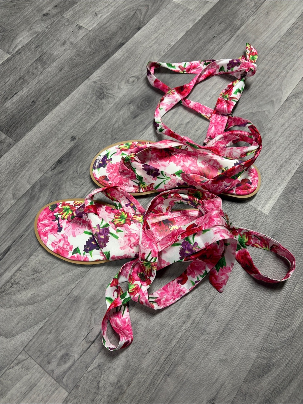 INC International Concepts Floral Lace-Up Sandals in Pink and Green
